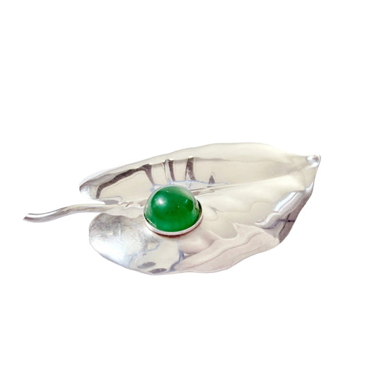 Pinco, Stockholm, Sweden 1954. Vintage Solid Silver Chrysoprase Leaf Brooch.
