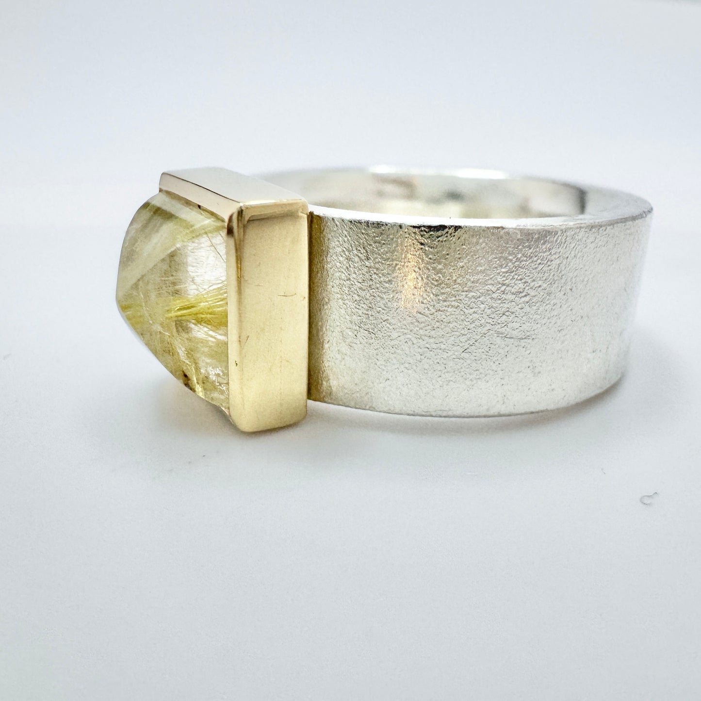 AKJ, Sweden, Vintage Sterling Silver Gold Detail Rutilated Quartz RIng.