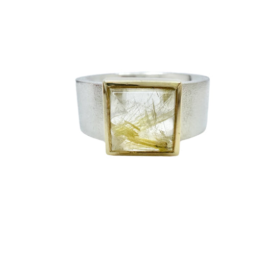 AKJ, Sweden, Vintage Sterling Silver Gold Detail Rutilated Quartz RIng.