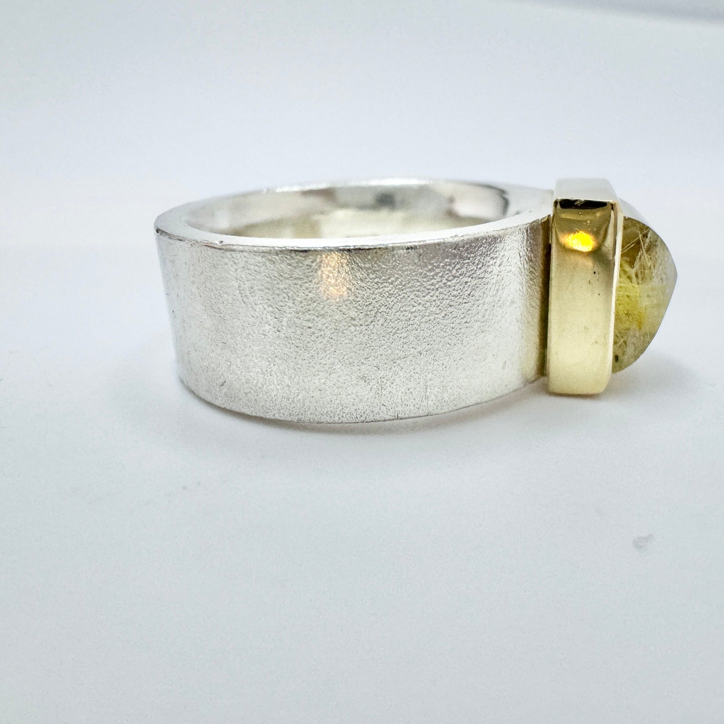 AKJ, Sweden, Vintage Sterling Silver Gold Detail Rutilated Quartz RIng.