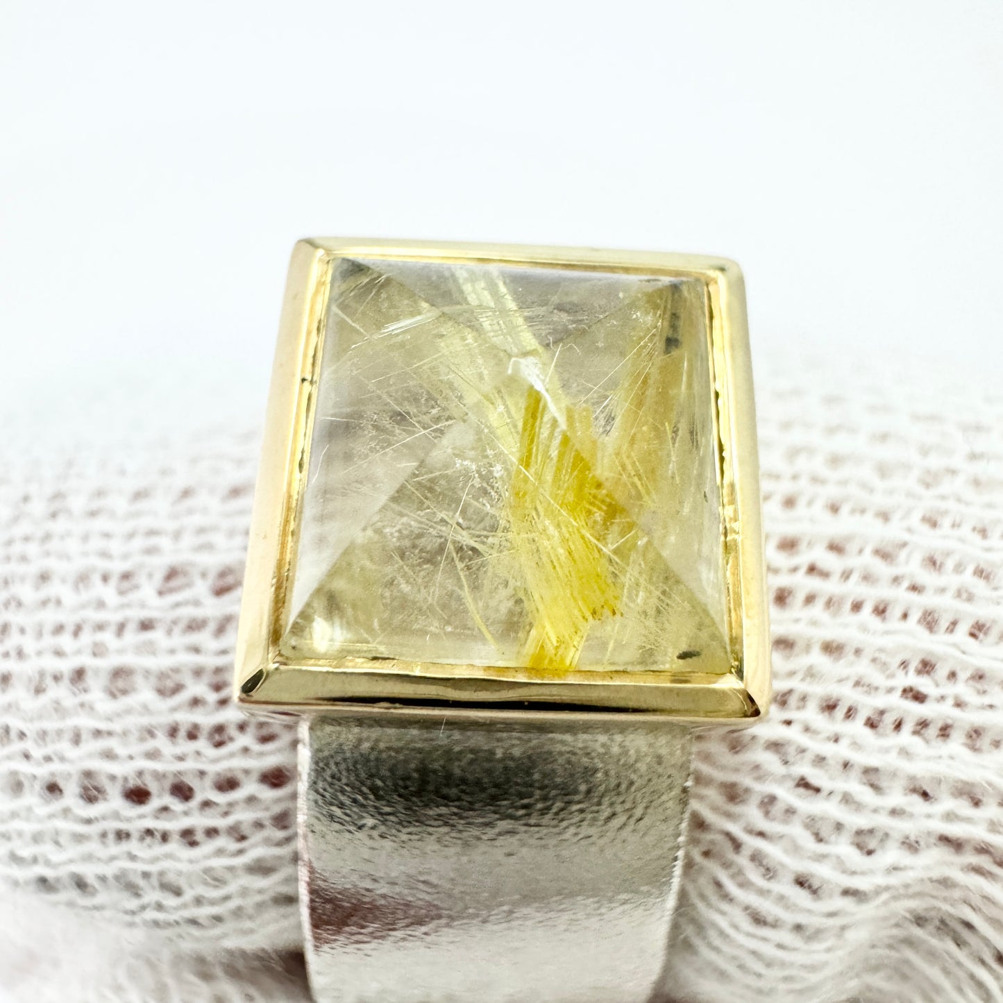 AKJ, Sweden, Vintage Sterling Silver Gold Detail Rutilated Quartz RIng.