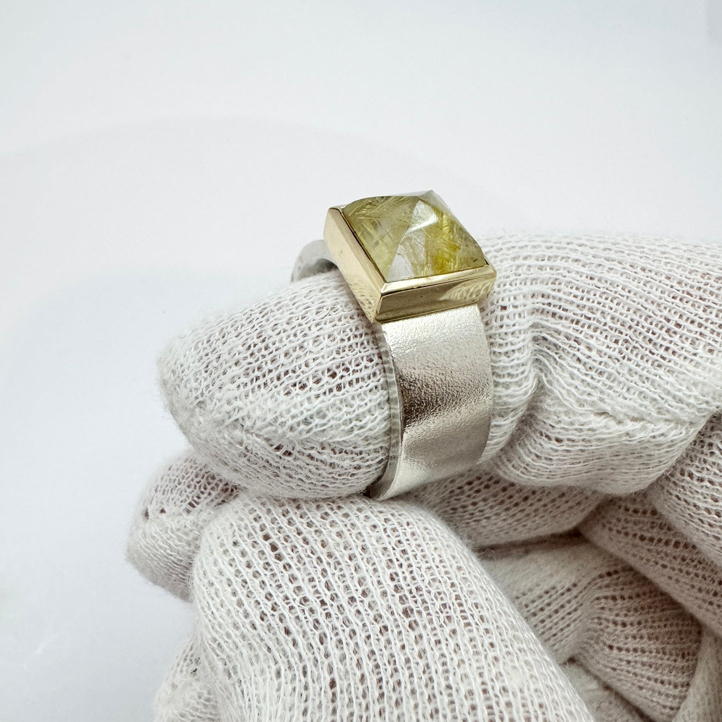 AKJ, Sweden, Vintage Sterling Silver Gold Detail Rutilated Quartz RIng.