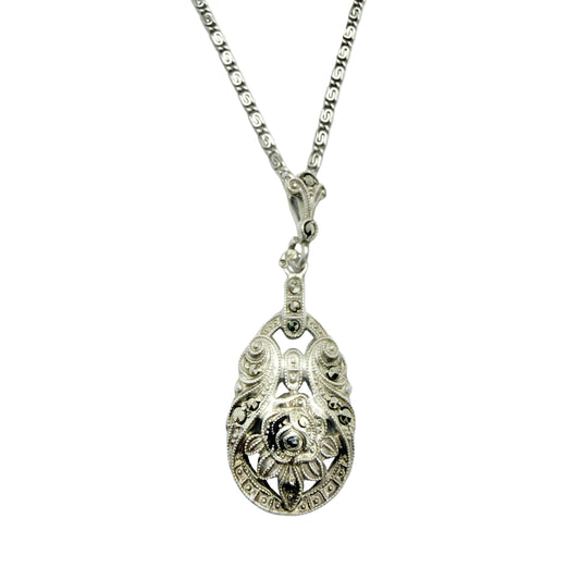 Sweden 1940s. Vintage Solid Silver Marcasite Pendant Necklace.