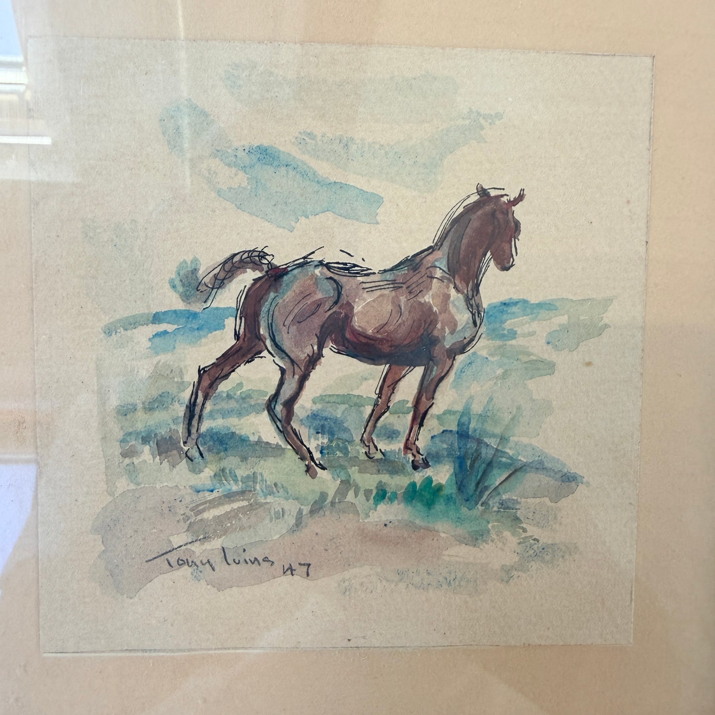 Vintage year 1947. Wild Horse Small Watercolor.