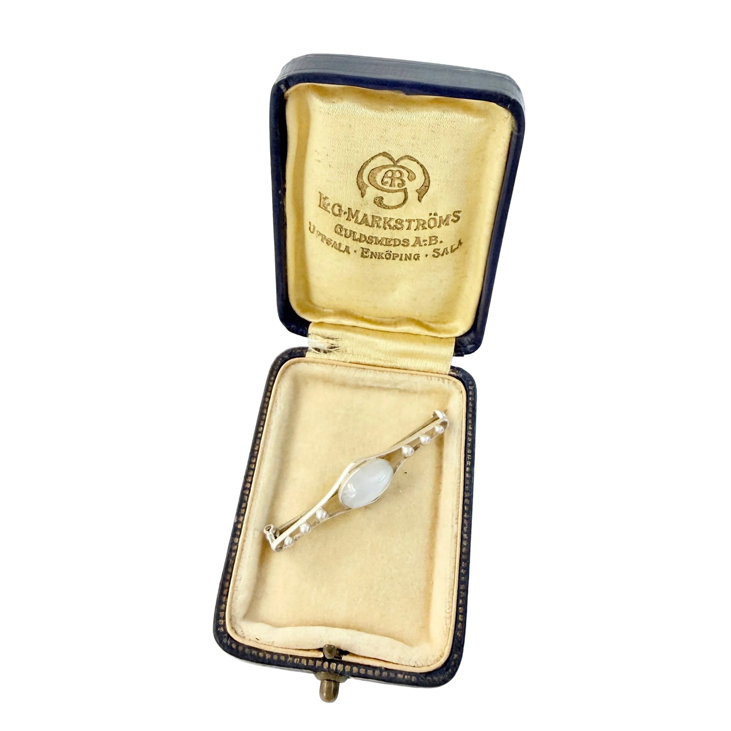 Early-mid 1900s Vintage Sterling Silver Moonstone Brooch + Box.