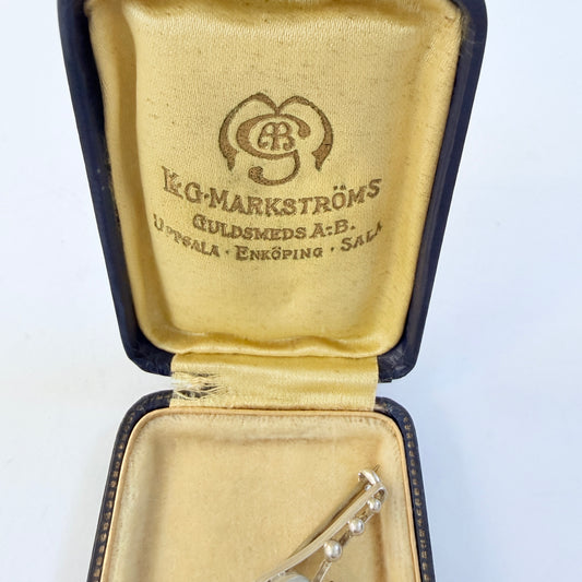 Early-mid 1900s Vintage Sterling Silver Moonstone Brooch + Box.