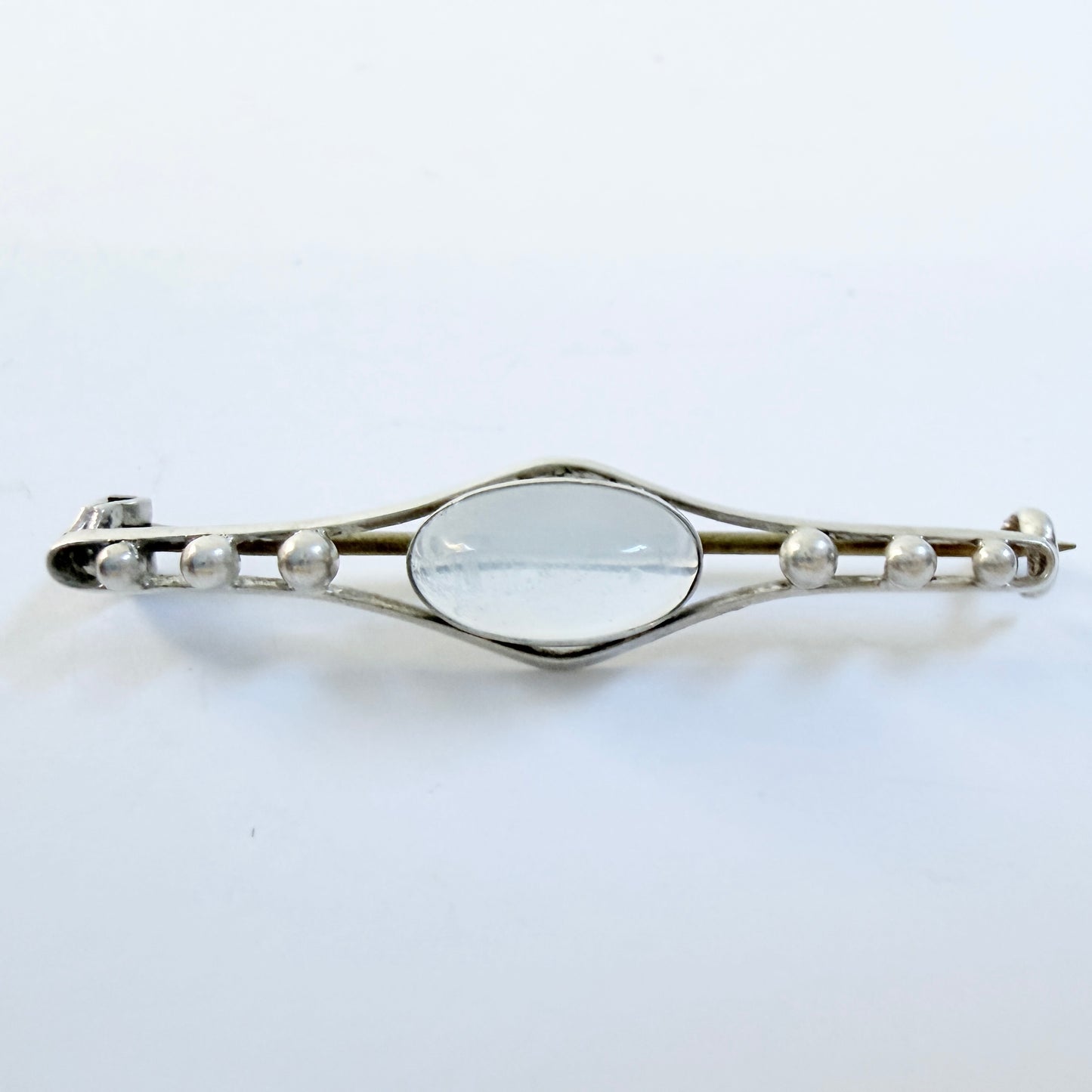 Early-mid 1900s Vintage Sterling Silver Moonstone Brooch + Box.