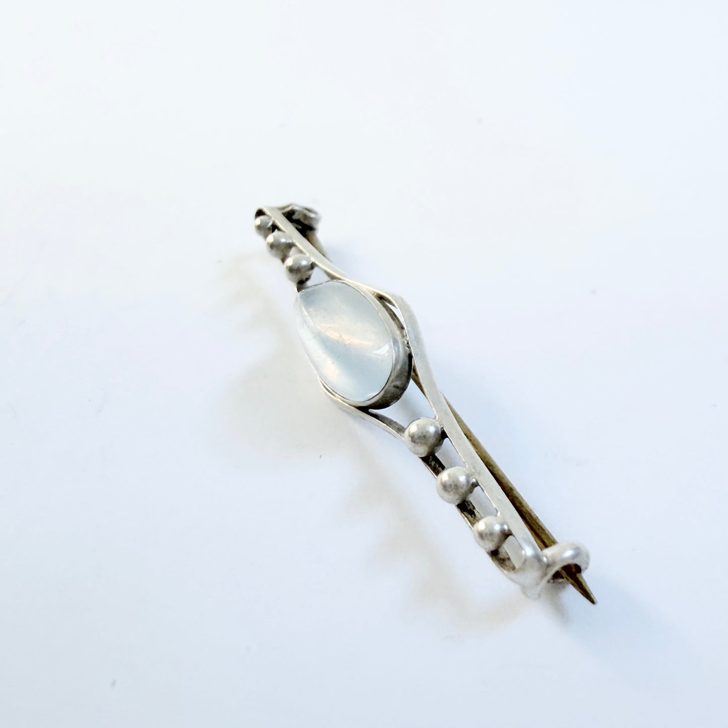 Early-mid 1900s Vintage Sterling Silver Moonstone Brooch + Box.