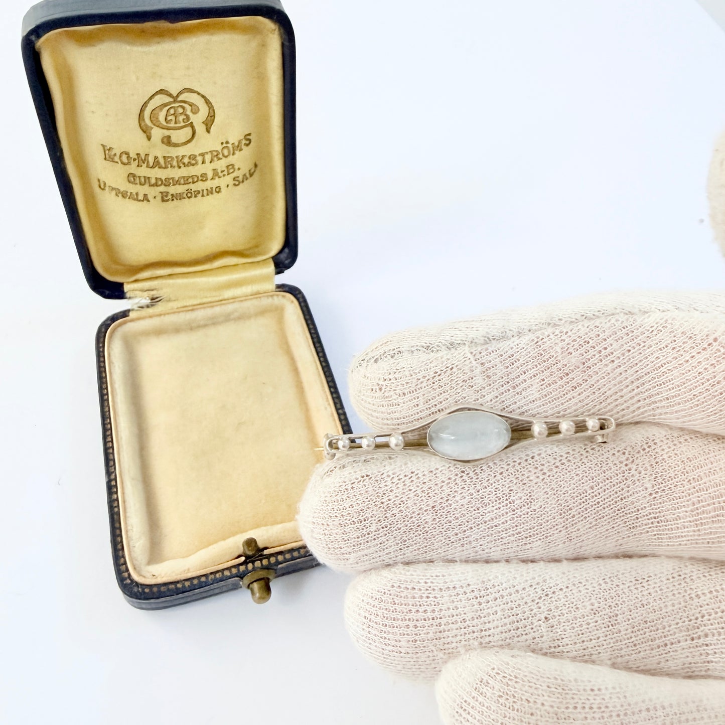 Early-mid 1900s Vintage Sterling Silver Moonstone Brooch + Box.