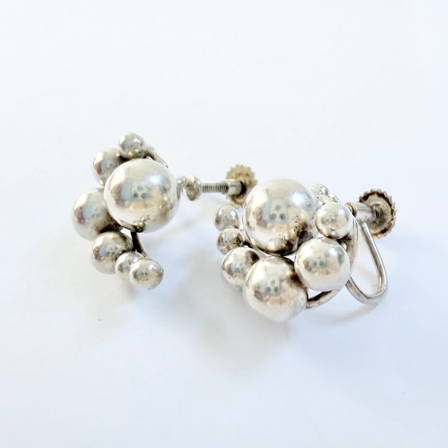 Interesting pair of Vintage ca 1950s Solid Silver Grape-cluster Earrings.