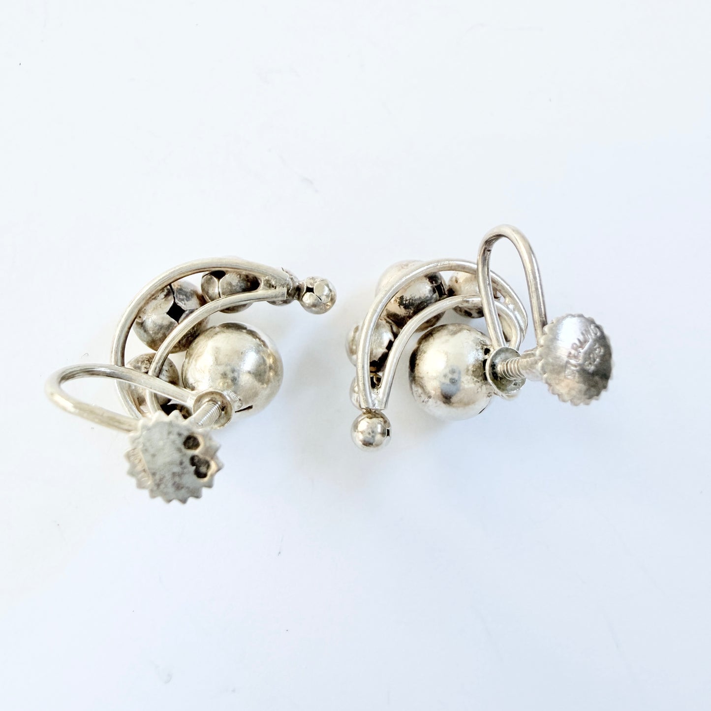 Interesting pair of Vintage ca 1950s Solid Silver Grape-cluster Earrings.
