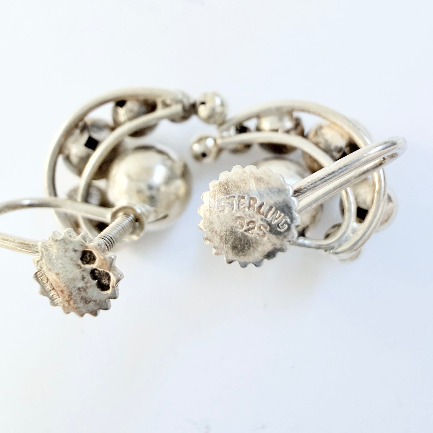 Interesting pair of Vintage ca 1950s Solid Silver Grape-cluster Earrings.