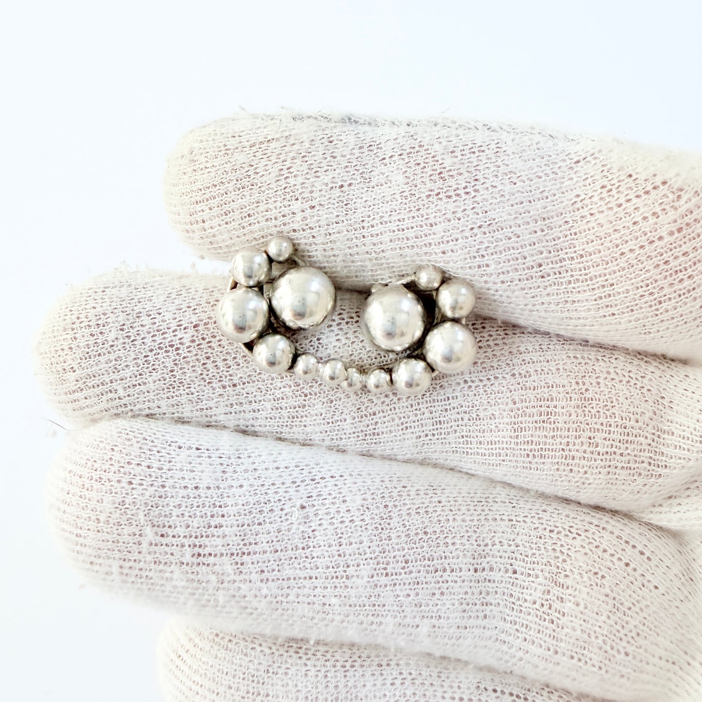 Interesting pair of Vintage ca 1950s Solid Silver Grape-cluster Earrings.