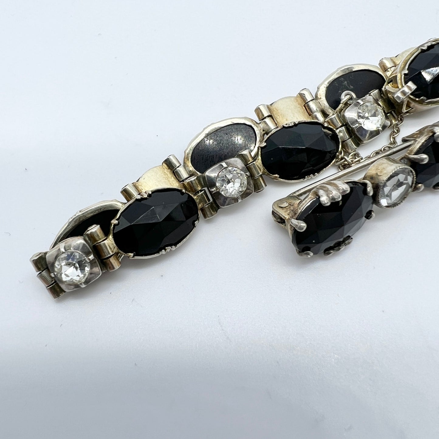 Sweden Vintage 1930s. Art Deco Solid Silver Paste and French Jet Bracelet and Brooch