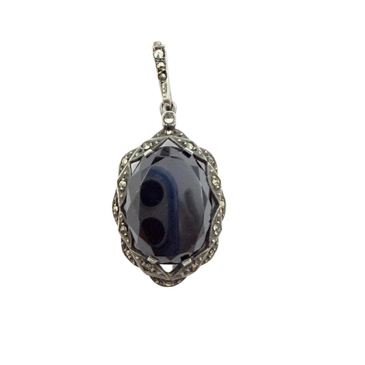 Vintage 1930-40s Solid Silver Onyx Marcasite Pendant.