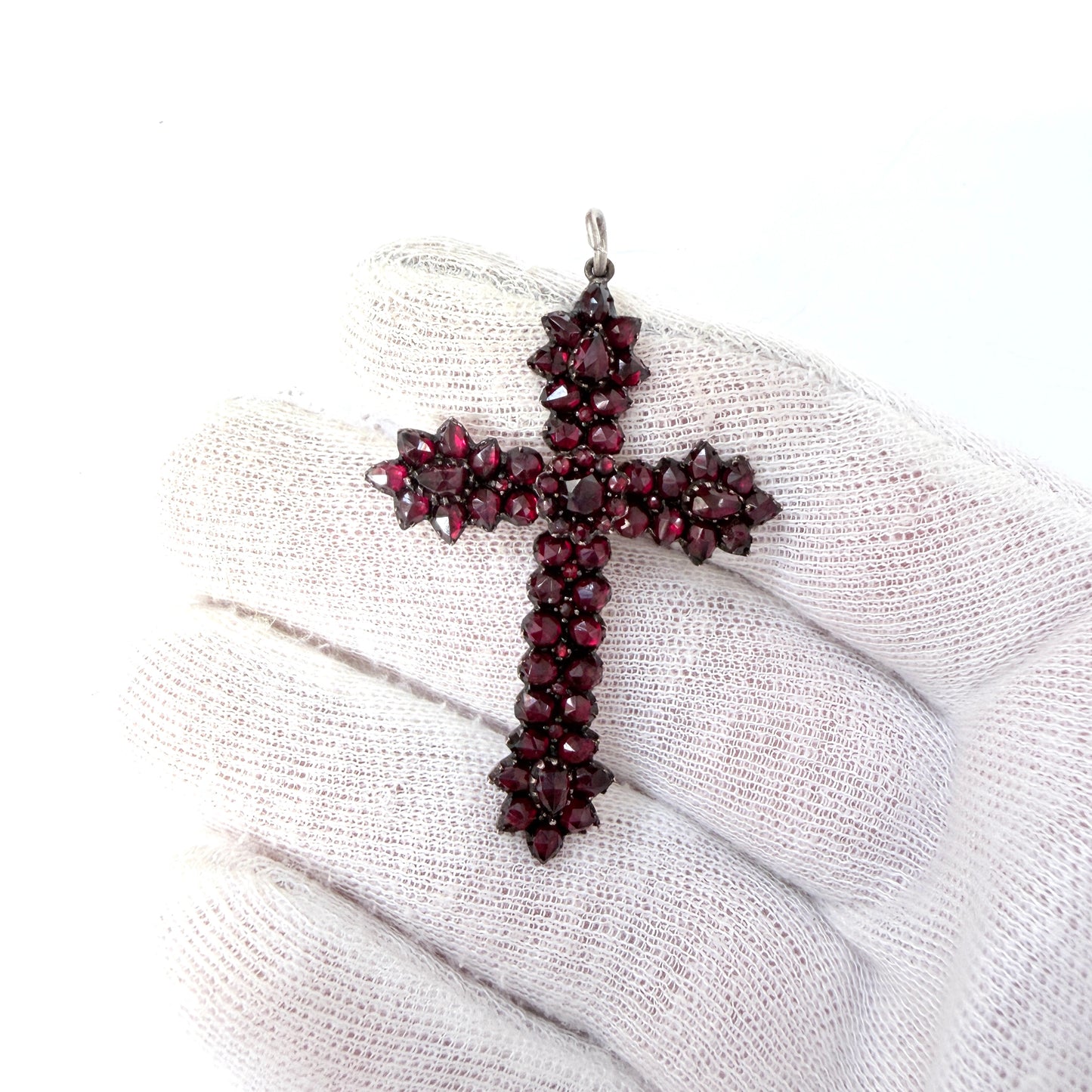Antique ca year 1900. Gilt Silver Bohemian Garnet Cross Pendant.