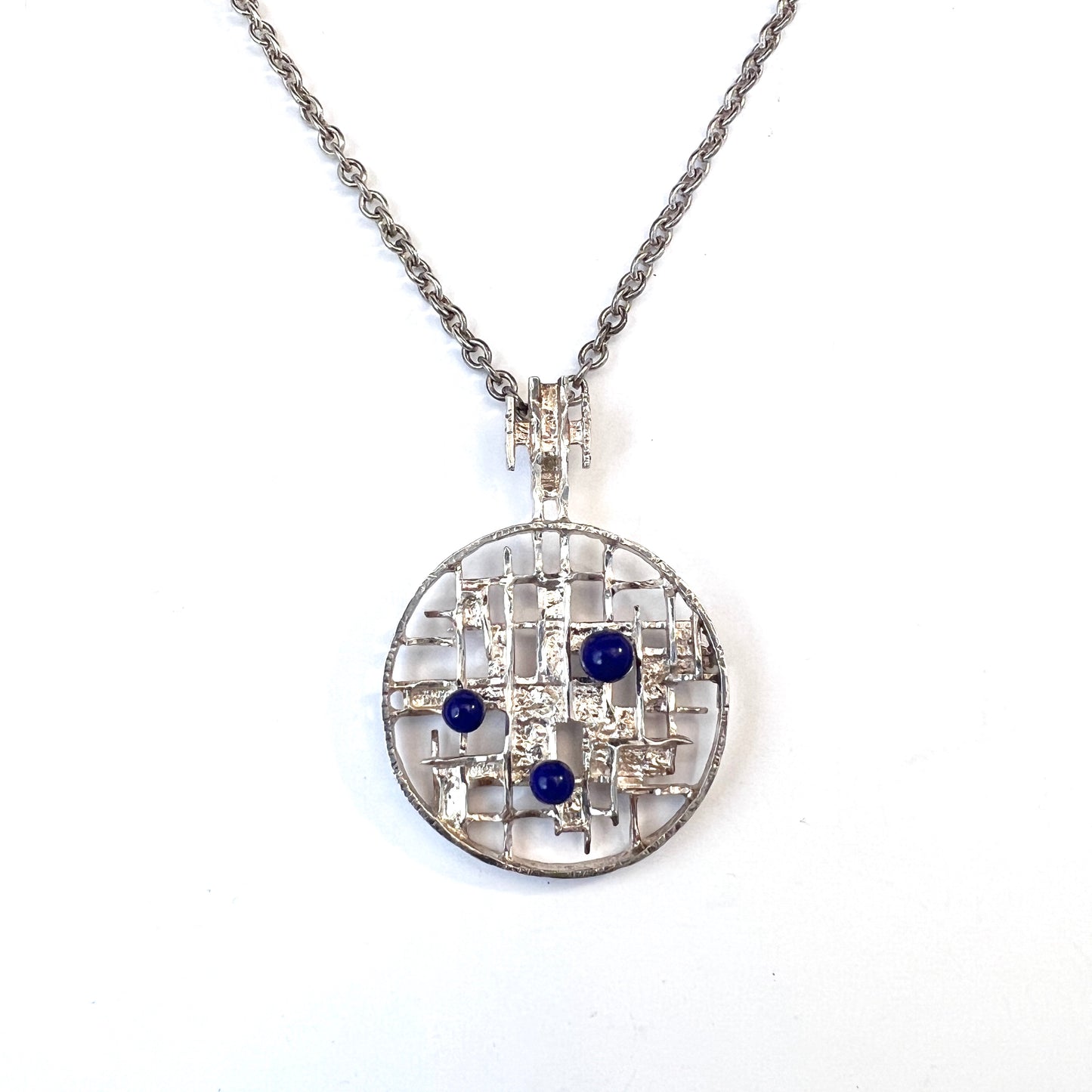 Herman Siersbøl Denmark c 1960s. Vintage Modernist Sterling Silver Blue Stone Pendant Necklace.