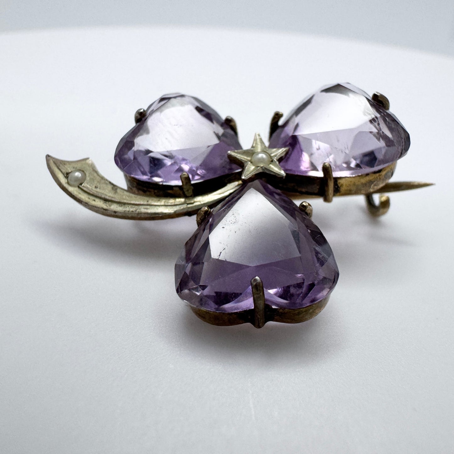 Antique ca 1920. Silver Amethyst Seed Pearl Brooch.