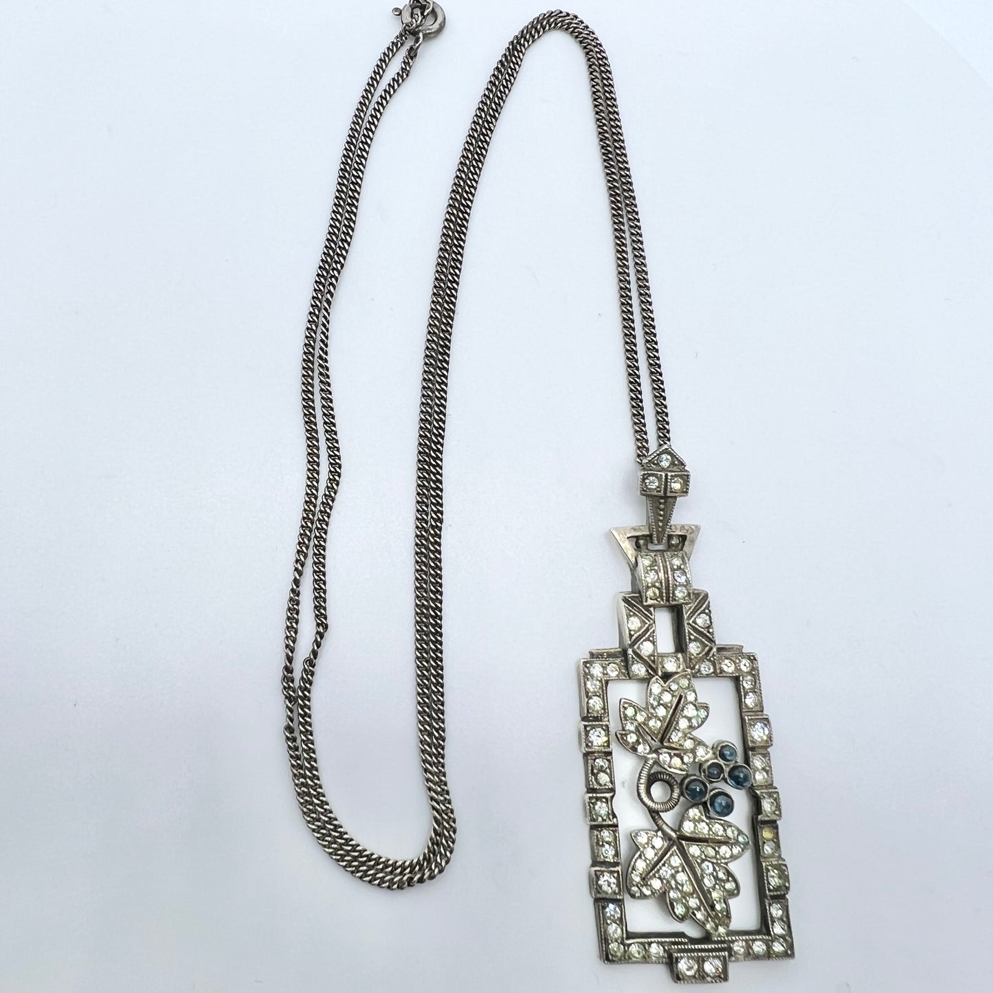 Vintage c 1930 Art Deco 935 Sterling Silver Paste Grape Pendant Long Chain Necklace.