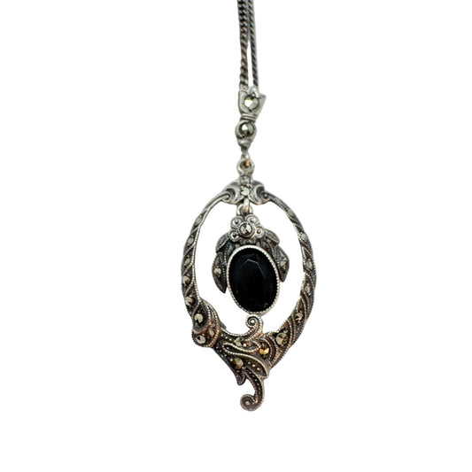 Vintage c 1940 Solid Silver Marcasite Onyx Pendant Necklace.