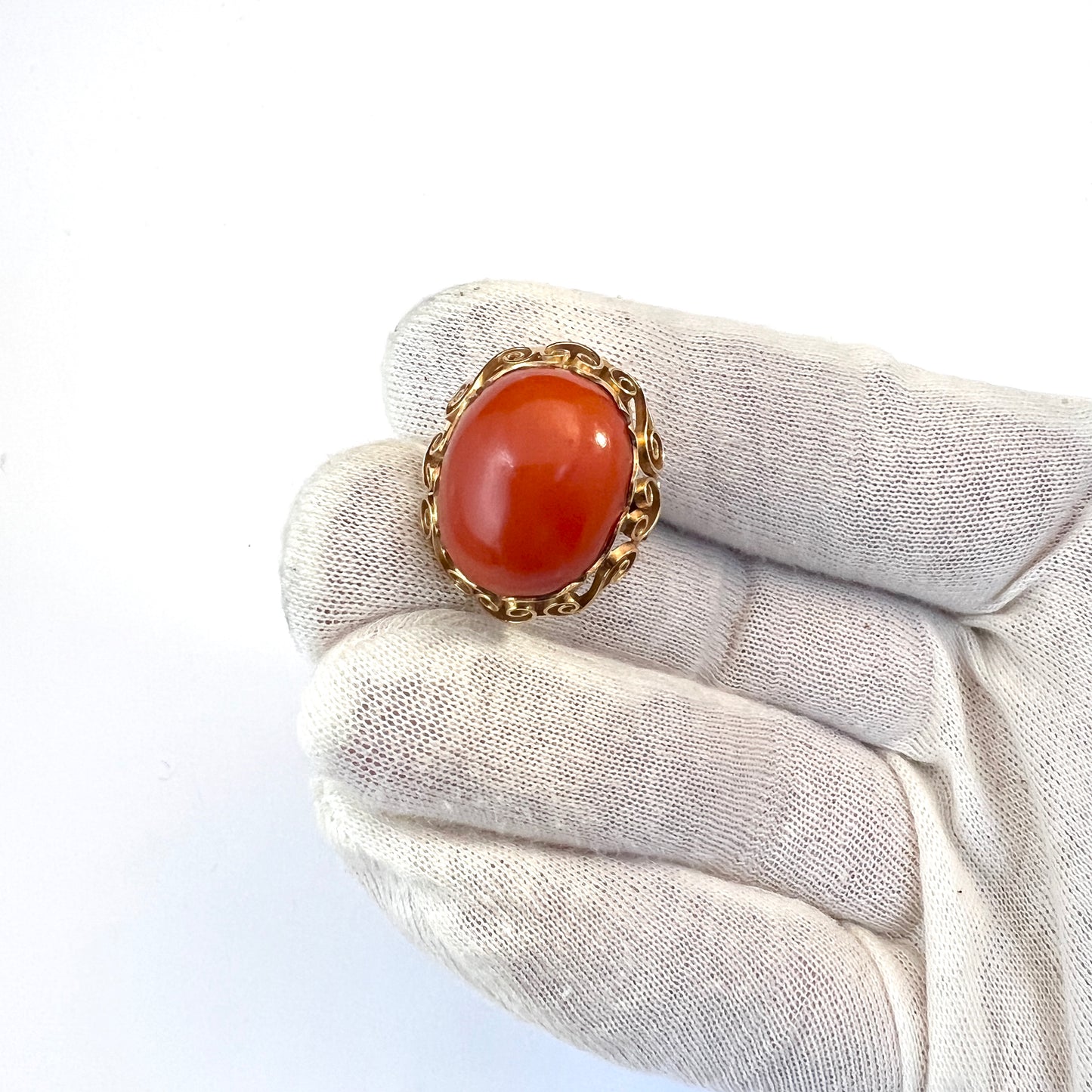 Warsaw Poland 1960s Bold 14k Gold Coral Ring.