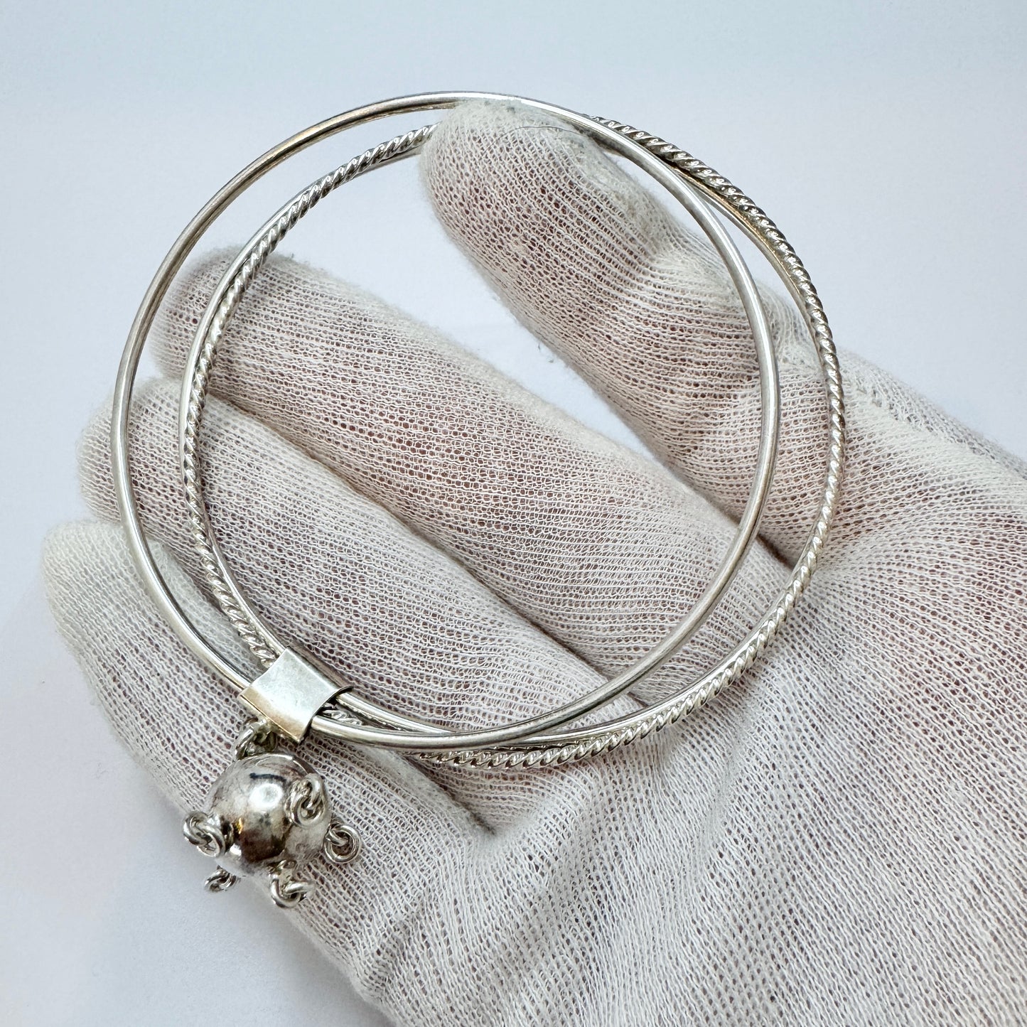 Juhls, Norway. Vintage Sterling Silver Bangle Stack Magic Ball Charm Bracelet