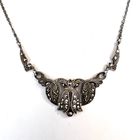 Vintage 1940s. Solid 830 Silver Marcasite Necklace.