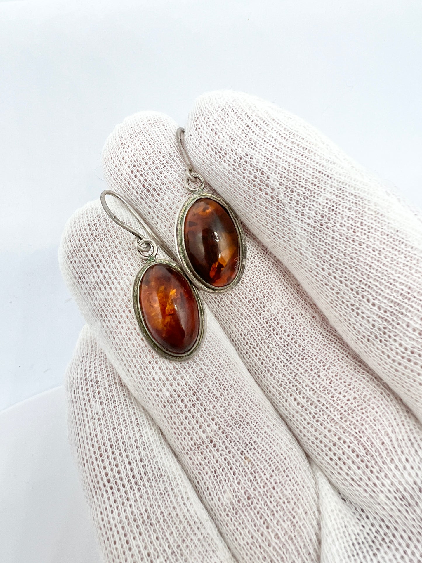 Vintage Solid Silver Amber Earrings.