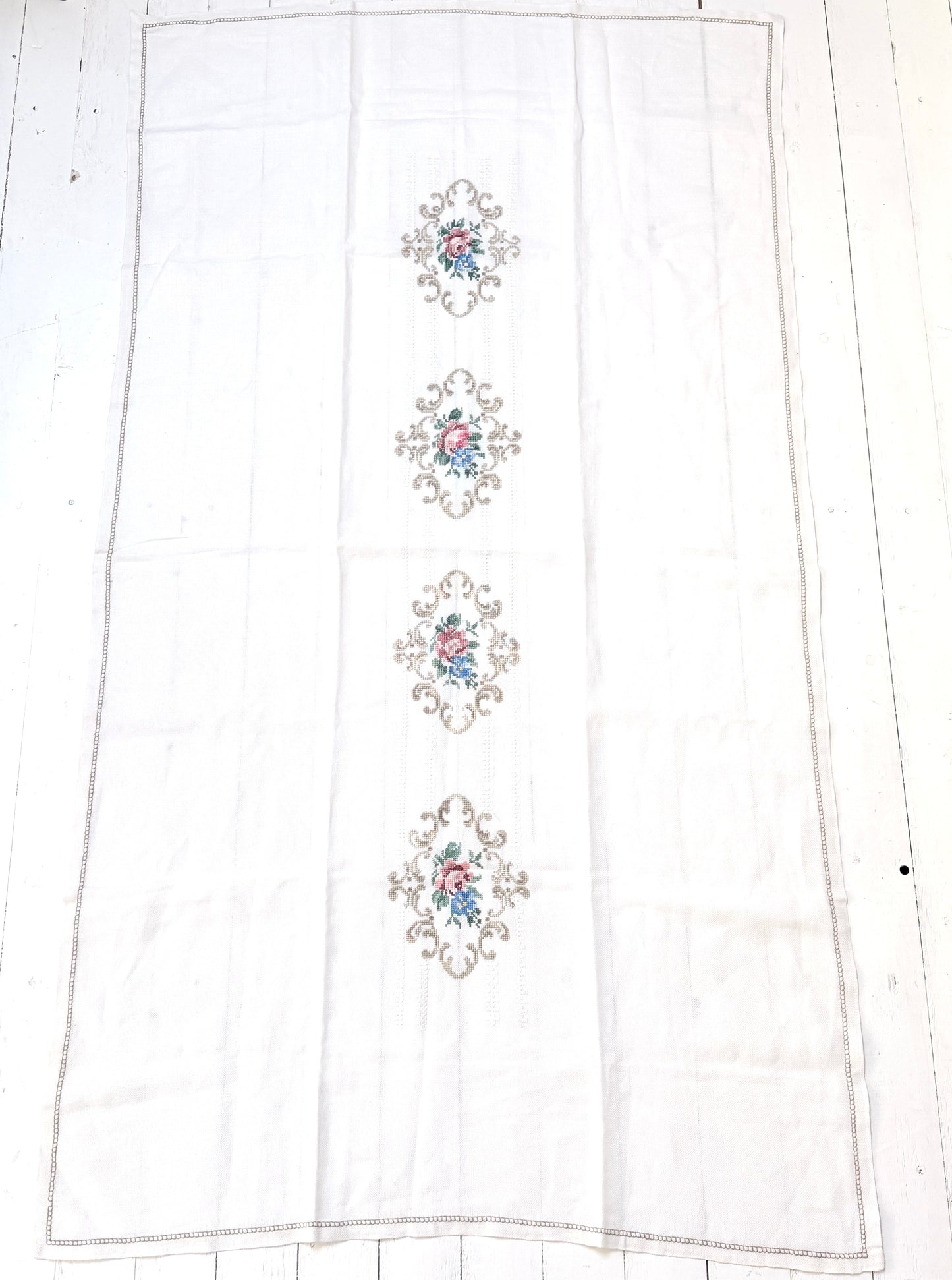 Vintage Scandinavian c 1950s Embroidered Tablecloth. Floral Cross-stitch.