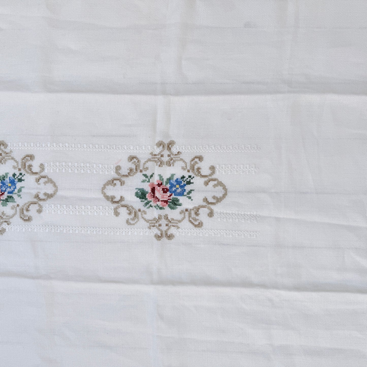 Vintage Scandinavian c 1950s Embroidered Tablecloth. Floral Cross-stitch.