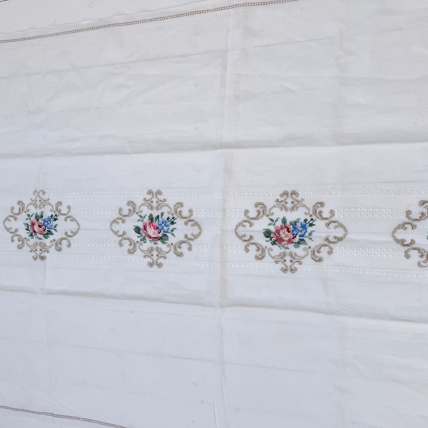 Vintage Scandinavian c 1950s Embroidered Tablecloth. Floral Cross-stitch.