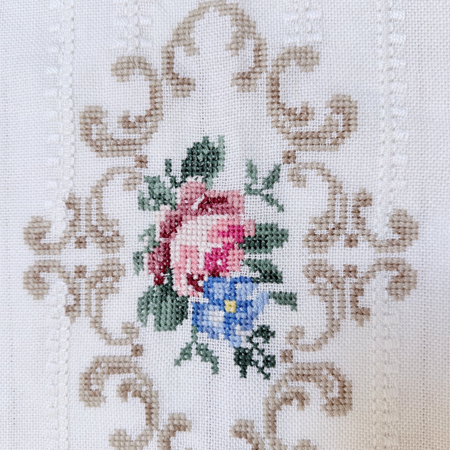 Vintage Scandinavian c 1950s Embroidered Tablecloth. Floral Cross-stitch.