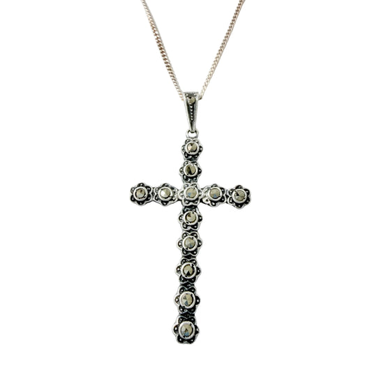 Vintage 1940s. Solid Silver Marcasite Cross Pendant Necklace.
