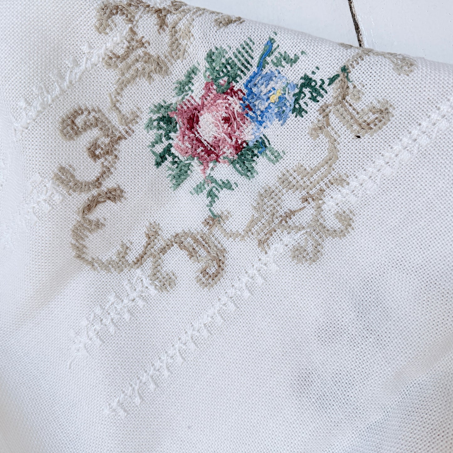 Vintage Scandinavian c 1950s Embroidered Tablecloth. Floral Cross-stitch.