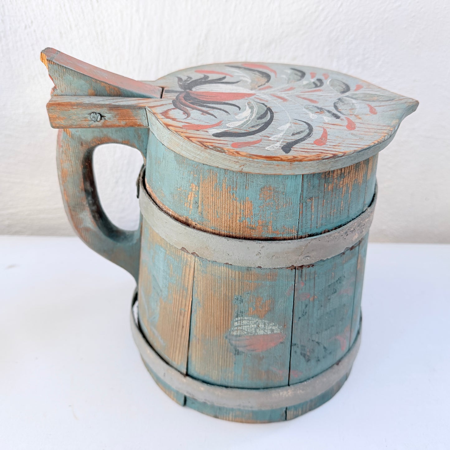 Sweden. Large Antique Folk Ark Hand Painted Lidded Tankard. "Stånka"