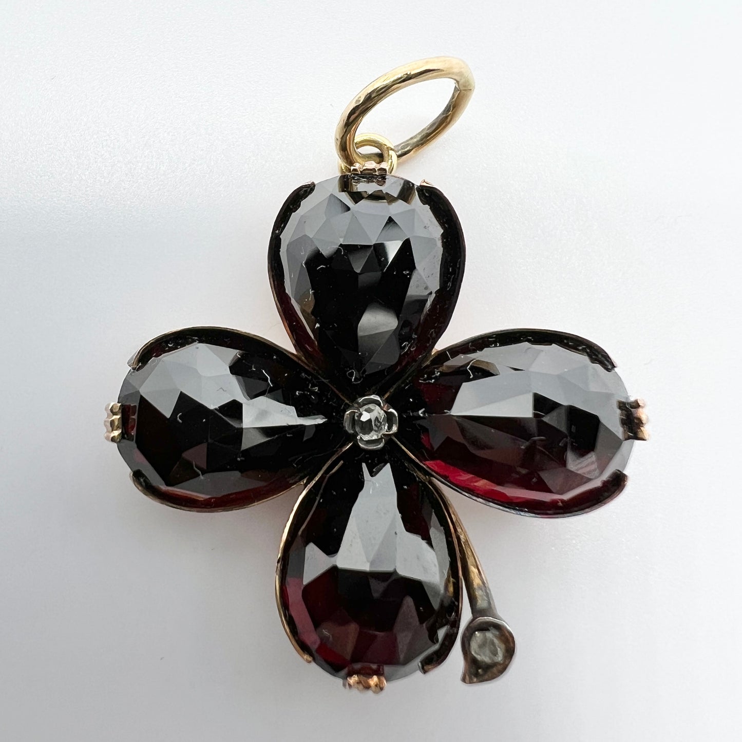 Maker JN, c 1900. Antique 14k Gold Garnet Diamond Clover Pendant.