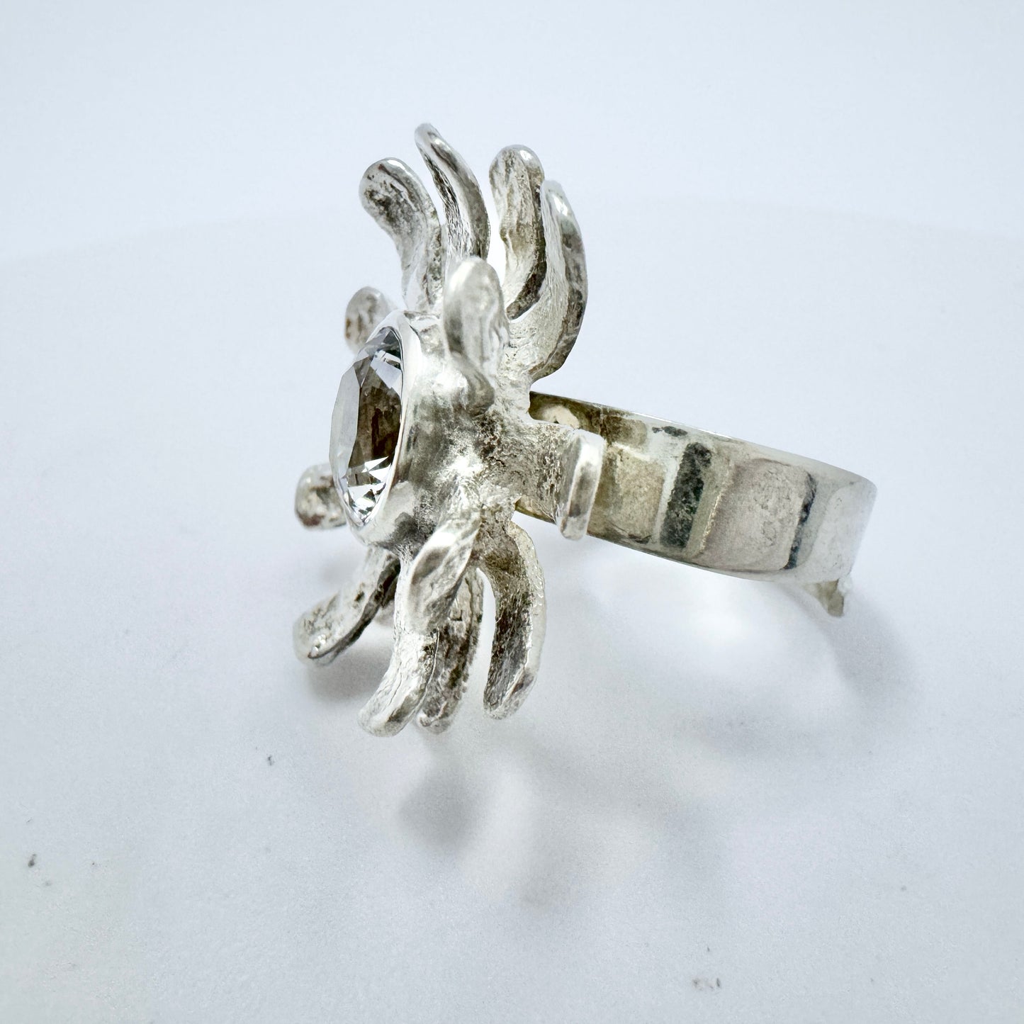 Theresia Hvorslev for Mema, Sweden 1973. Vintage Sterling Silver Rock Crystal Ring. Signed.