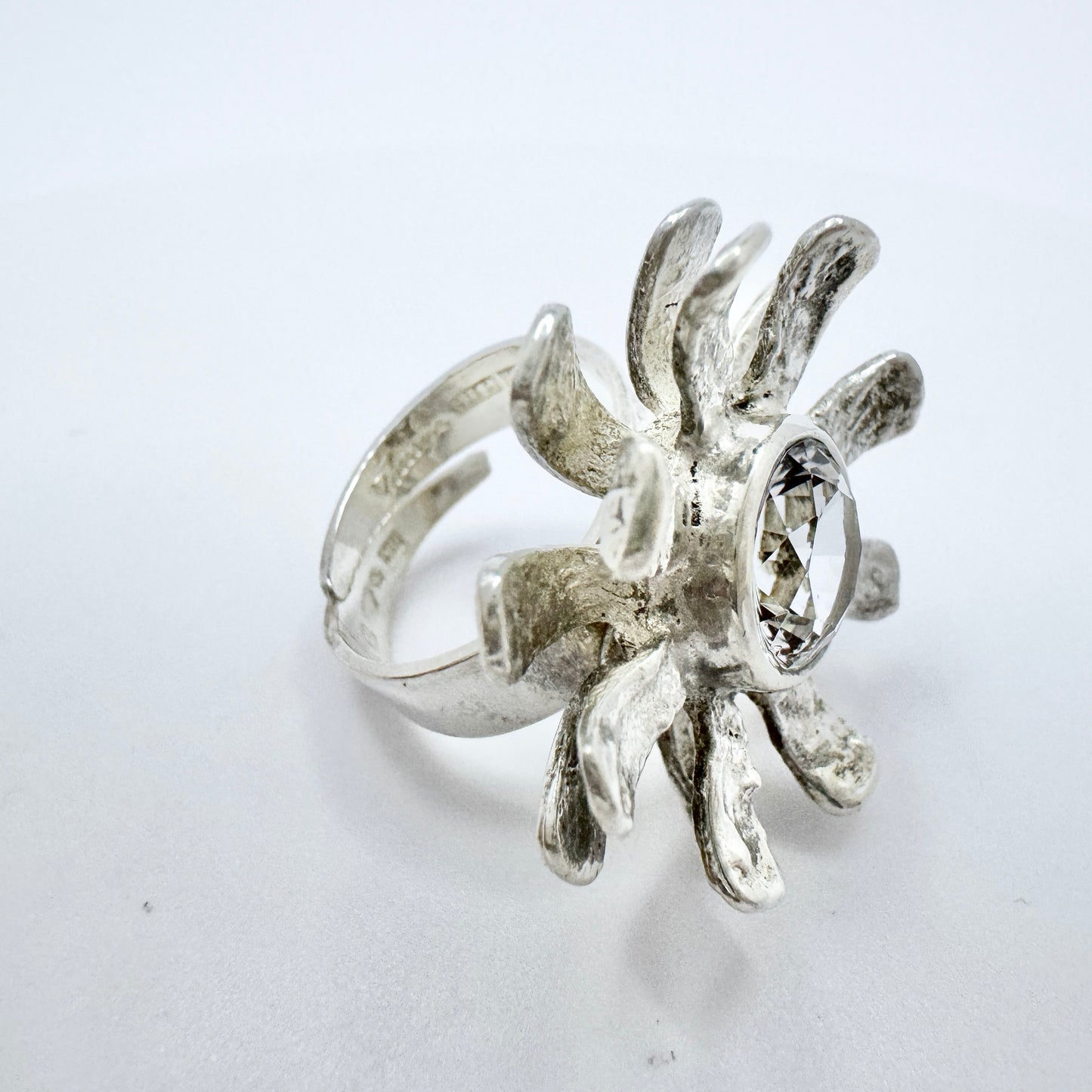 Theresia Hvorslev for Mema, Sweden 1973. Vintage Sterling Silver Rock Crystal Ring. Signed.