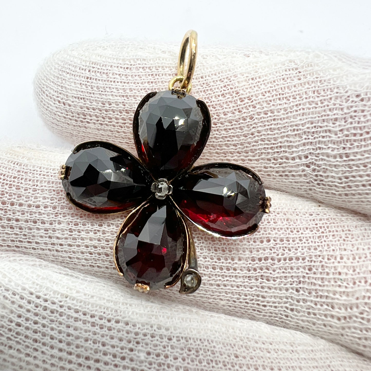 Maker JN, c 1900. Antique 14k Gold Garnet Diamond Clover Pendant.