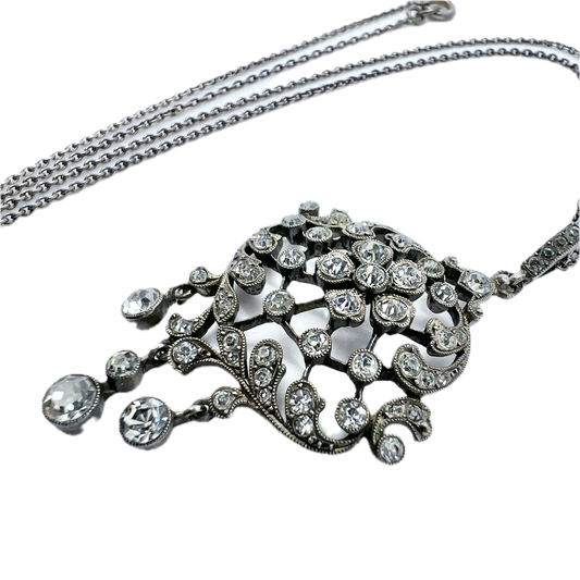 Bremer Silberwarenfabrik, Germany c 1930s. Solid Silver Paste Stone Pendant Long Chain Necklace.