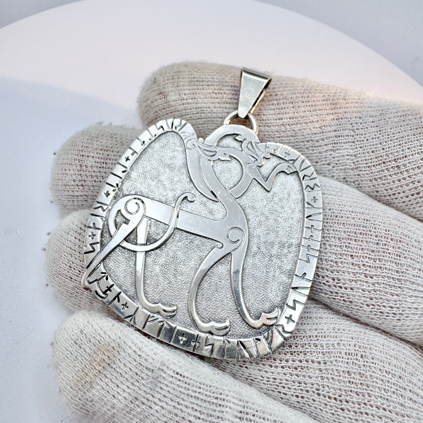 Sweden 1974. Vintage Bronze Age Rock Carving Copy Sterling Silver Pendant.