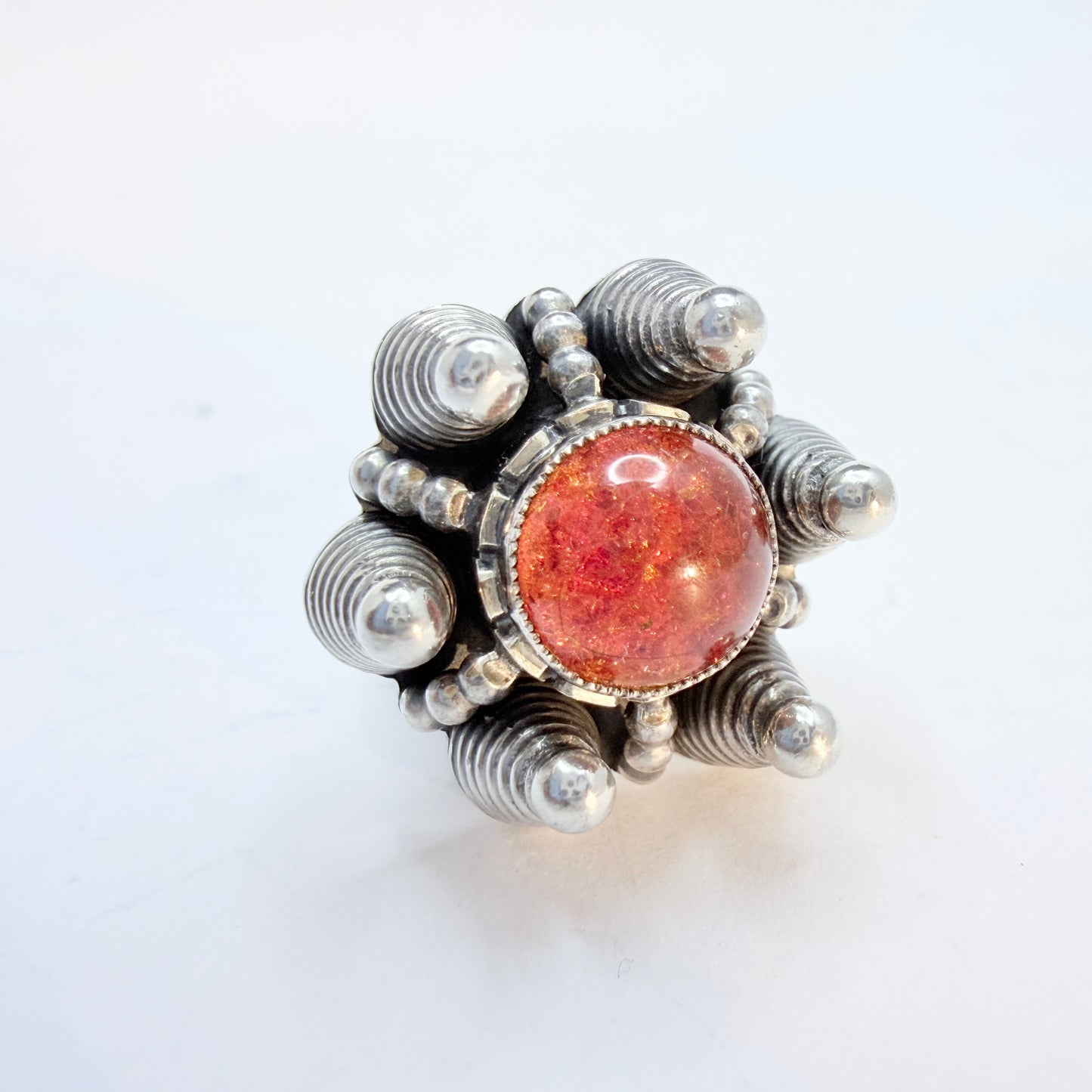 Vintage 1960s Space Age Solid Silver Amber Ring.