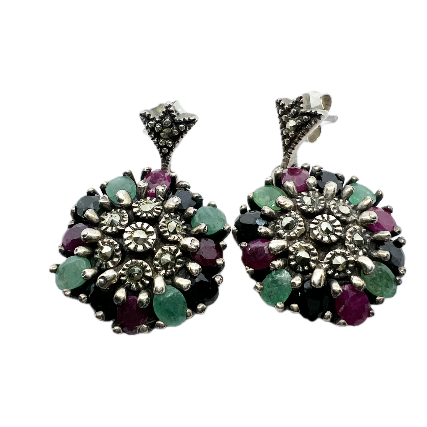 Vintage 1930-40s Tutti Frutti Earrings. Solid Silver Synthetic Sapphire, Ruby, Emerald Marcasite.