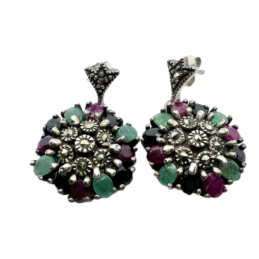 Vintage 1930-40s Tutti Frutti Earrings. Solid Silver Synthetic Sapphire, Ruby, Emerald Marcasite.