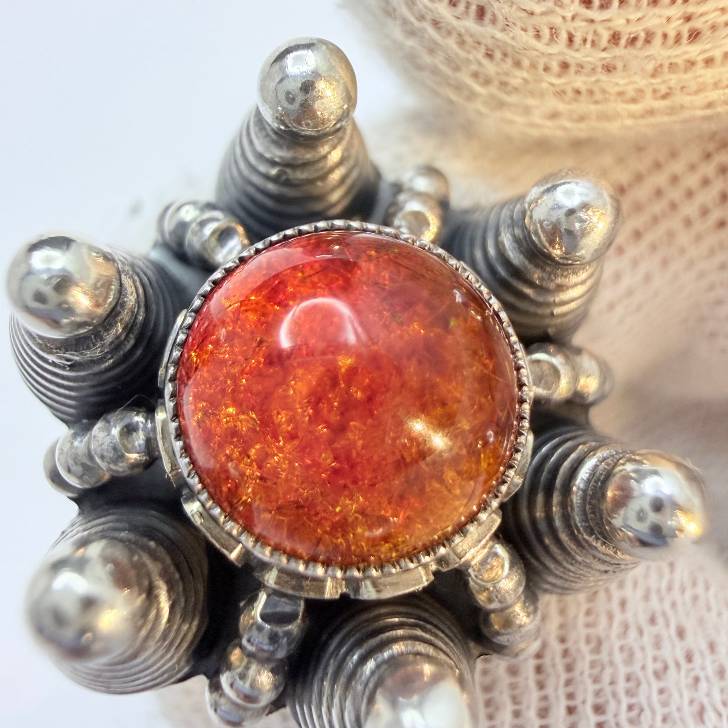 Vintage 1960s Space Age Solid Silver Amber Ring.
