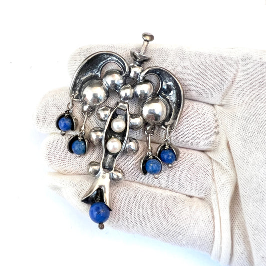 Vintage Sterling Silver Lapis Lazuli Cultured Pearl Large Pendant.