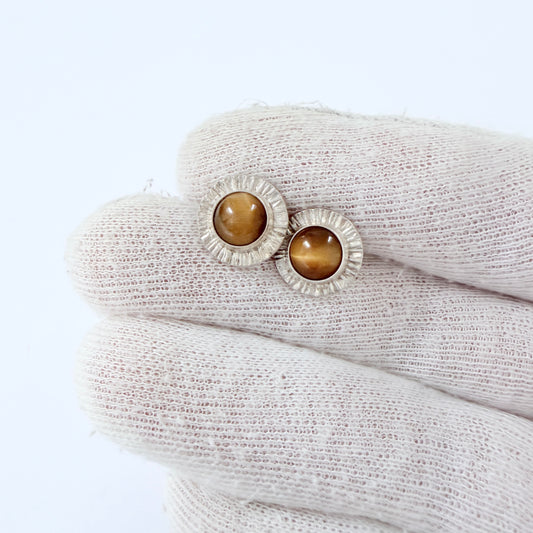 Vintage ca 1960s Solid Silver Tiger's Eye Stud Earrings.