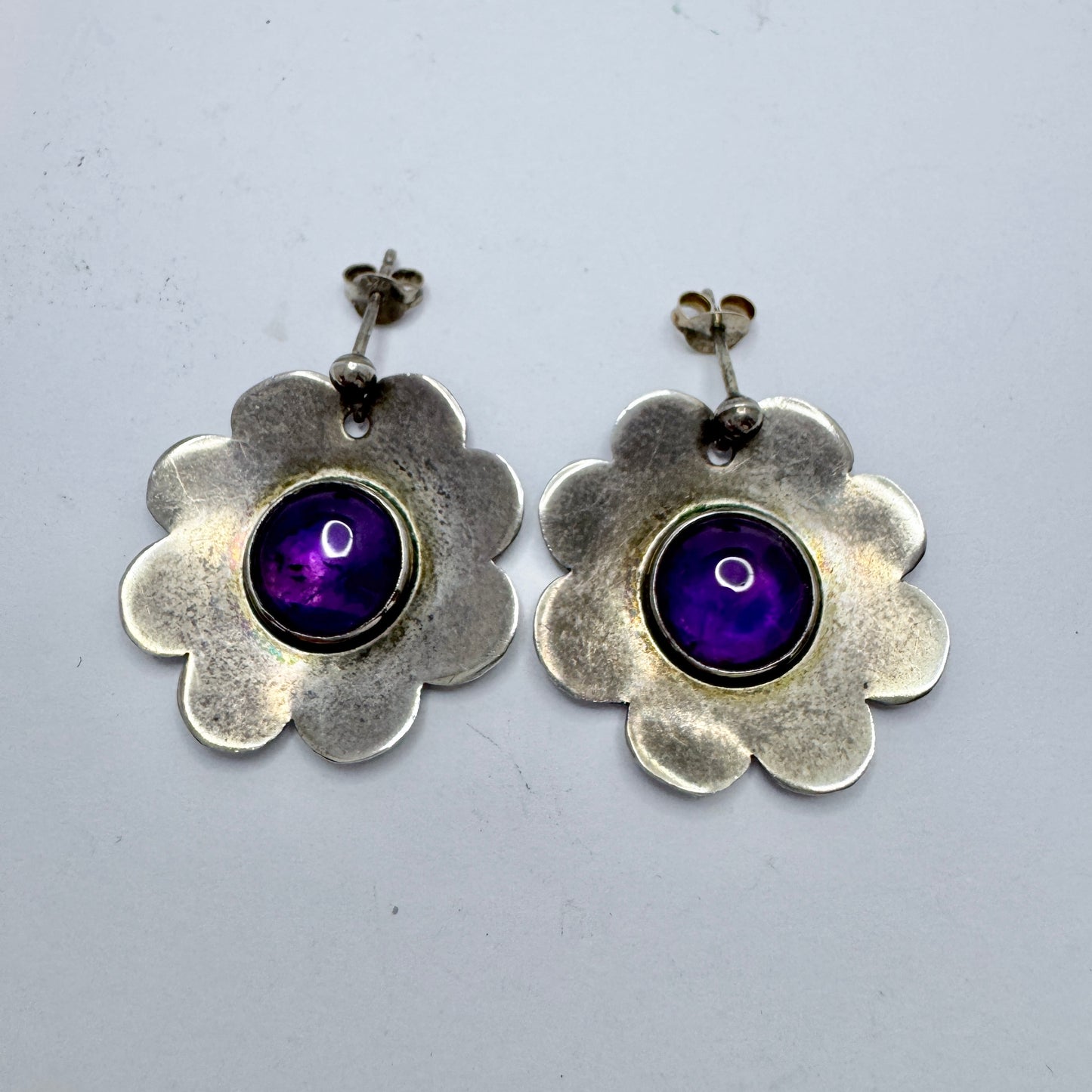 Bengt Liljedahl, Sweden ca 1960s. Vintage Flower Power Sterling Silver Amethyst Earrings.