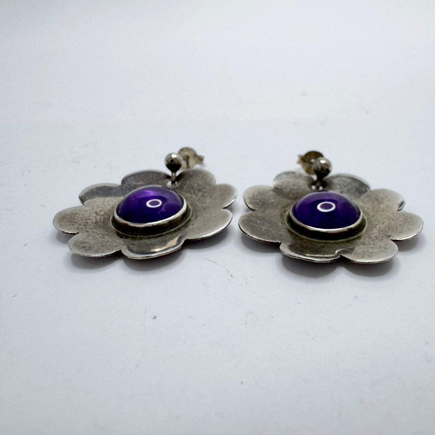 Bengt Liljedahl, Sweden ca 1960s. Vintage Flower Power Sterling Silver Amethyst Earrings.