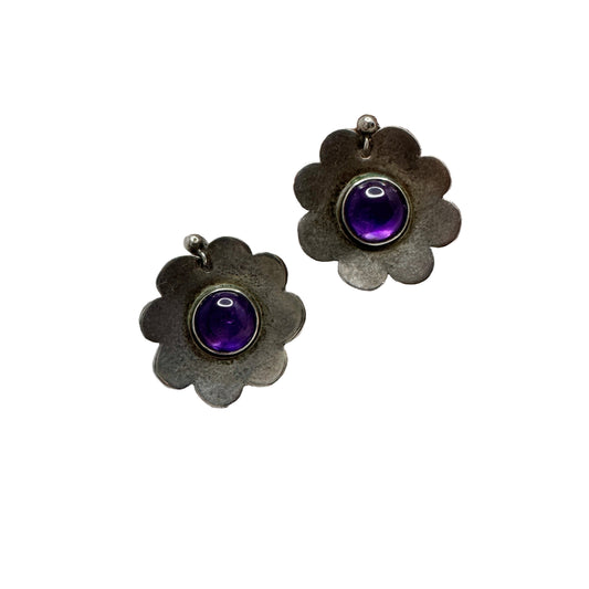 Bengt Liljedahl, Sweden ca 1960s. Vintage Flower Power Sterling Silver Amethyst Earrings.